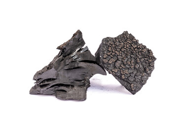Natural wood charcoal isolated on white background. Hardwood charcoal.