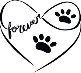 Heart shape vector with cat or dog paws and the infinity symbol. Lovely editable illustration honoring our most beloved best friends forever cats and dogs. Artwork, tattoo idea - obrazy, fototapety, plakaty