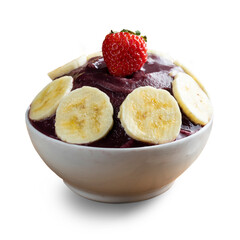 Açai, Brazilian frozen açai berry ice cream bowl with banana slices and strawberry. Isolated on white background