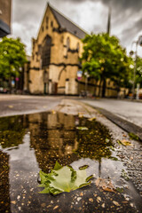 leaf in puddle of water on the floor, Minoritenkirche church background