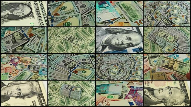 Split screen close up rotation of dollars and banknotes from allover the world.