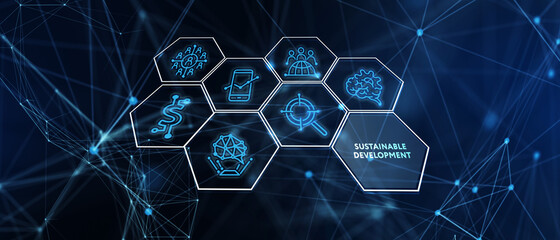 SUSTAINABLE DEVELOPMENT inscription, cloud technology concept. Business, Technology, Internet and network concept.