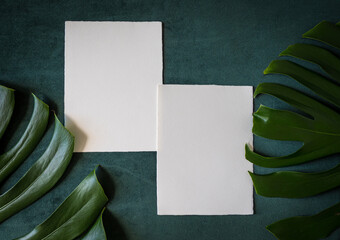 Two Sheets of blank uncoated paper with rough edges isolated on green velvet fabric