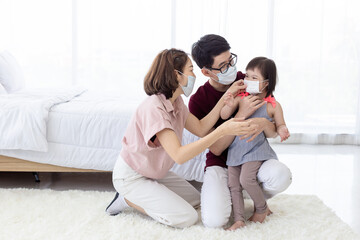 The Asian Family wore a face mask. a healthcare concept.