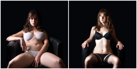 Two beautiful brunette women sitting on an armchair, they are wearing white and black underwear in front of dark studio background - obrazy, fototapety, plakaty