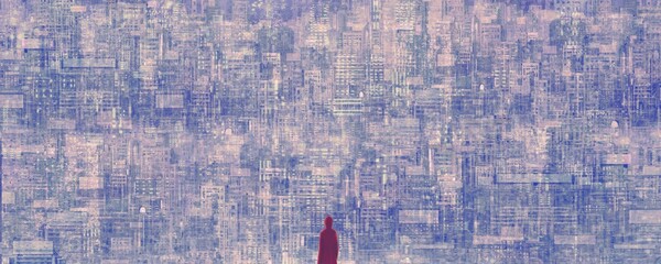 Lonely man in futuristic city, architecture painting art, surreal artwork, future loneliness and alone concept, conceptual illustration, panorama of building