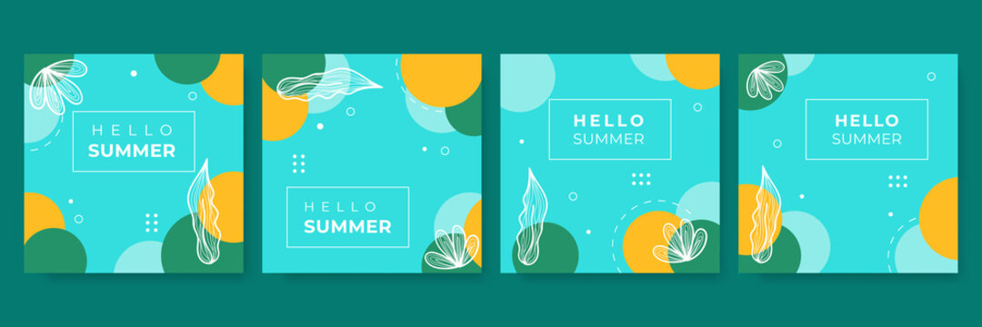 Collection of green yellow summer background set with palm, leaves ,flower, blob. Editable vector illustration for invitation, postcard, post stories social media template and website banner