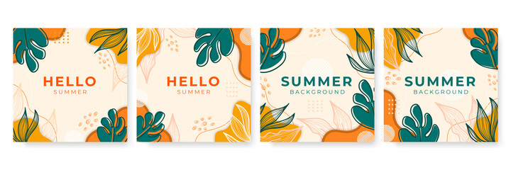 Fototapeta na wymiar Social media stories and post creative Vector set. Background template with copy space for text and images design by abstract colored shapes, line arts , Tropical leaves warm color of the earth tone 