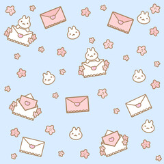 Kawaii pattern with envelope, rabbit, hearts and flowers on a blue background
