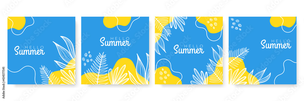 Poster Vector set of colourful social media stories design templates, backgrounds with copy space for text - summer landscape. Summer background with leaves and waves