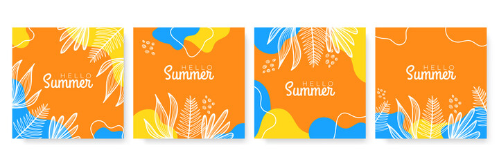 Fototapeta Vector set of colourful social media stories design templates, backgrounds with copy space for text - summer landscape. Summer background with leaves and waves obraz