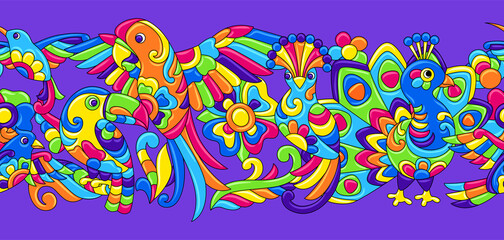 Obraz premium Seamless pattern with tropical birds. Mexican ceramic cute naive art.