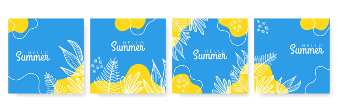 Vector set of colourful social media stories design templates, backgrounds with copy space for text - summer landscape. Summer background with leaves and waves