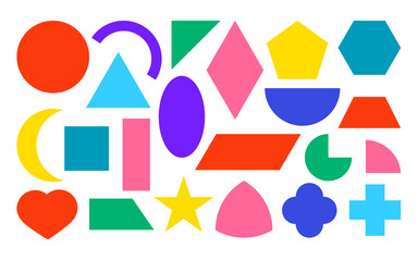 Colored geometric basic shapes icons set. Flat square, circle, oval, triangle, hexagon, rectangle, star, heart, rhombus. Educational material for preschool kids. Isolated on white vector illustration