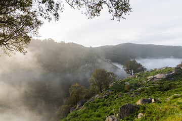 Sunrise with fog on the Passadiços do Paiva in the district of Aveiro, Portugal