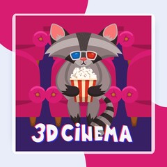 Cute raccoon animal with popcorn in movie theatre 3d cinema poster vector illustration