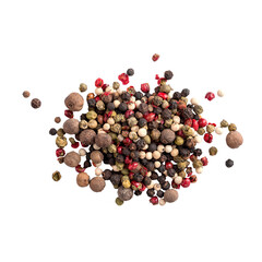 Isolated pile of assorted peppercorns on white background