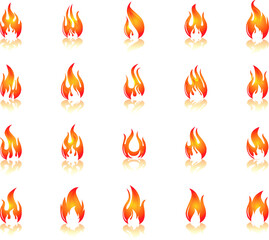 Set of red and orange fire flames. Collection of hot flaming elements. The idea of energy and power. Isolated vector illustration in flat style
