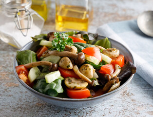 mushroom salad in a bowl. Summer meal a salad with himeji, oyster fungus, white Paris mushrooms mixed with young lettuce, tomatoes and cucumber.