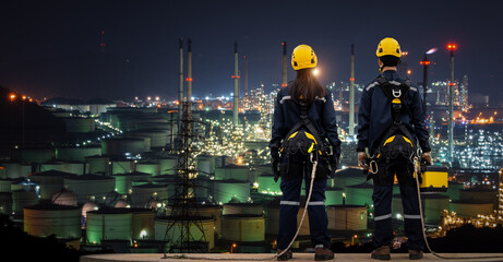 Teams Inspection engineers standing on top of a  petrochemical oil refinery in night