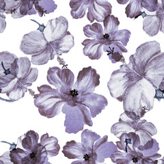 Navy Hibiscus Backdrop. Azure Seamless Palm. Blue Flower Plant. Cobalt Watercolor Illustration. Grey Pattern Leaves. Indigo Tropical Foliage. Summer Print.