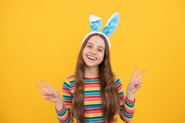 bunny is coming. happy easter holiday. funny child in hare ears. teenager girl wear rabbit costume.
