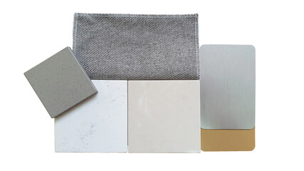 interior mood and tone of material board including gold and silver aluminum ,white and beige artificial stone ,grey quratz ,grey textile fabric samples isolated on white background with clipping path.