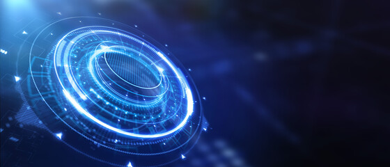 Business, technology, internet and virtual reality concept - button on virtual screen. 3D illustration.