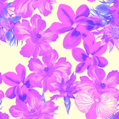 Purple Watercolor Foliage. Vanilla Flower Set. Pink Seamless Plant. Blue Hibiscus Leaf. Pattern Plant. Tropical Leaf.Fashion Jungle. Art Decor.