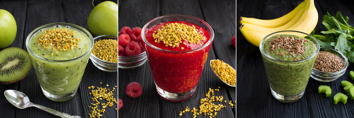 Collage of healthy food. Smoothie with fruit,  bee pollen and flax seeds in the drinking glass on the black wooden background.