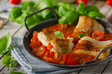 Delicious grilled fish with tomato sauce