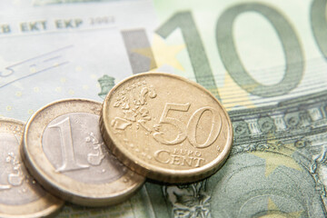 Concept of finance Coins and banknotes Euros
