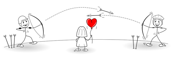 Ein roter Herz-Luftballon stiften Frieden zwischen zwei Soldaten. Ein rotes Herz stiftet Frieden im Krieg. 
