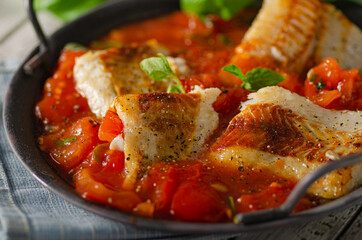 Delicious grilled fish with tomato sauce
