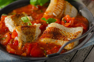 Delicious grilled fish with tomato sauce - 434583131