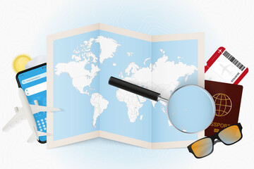 Travel destination Tonga, tourism mockup with travel equipment and world map with magnifying glass on a Tonga.
