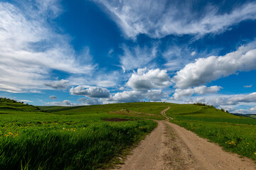 Fototapeta na wymiar Wide angle view, dirt road leading to the top of the green hill at springtime, beautiful blue sky with white clouds.