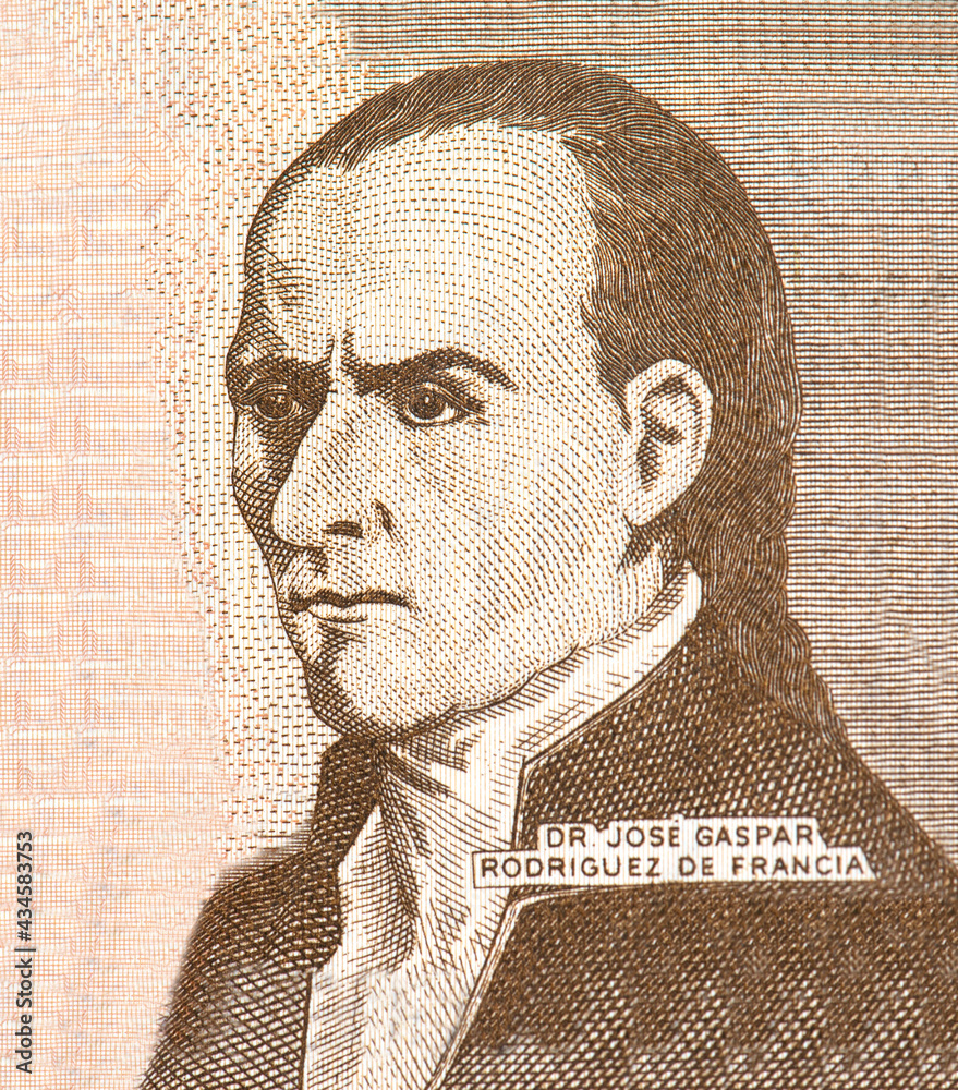 Poster dr. jose gaspar rodriguez de francia, portrait from paraguay 10000 guaranies 2003 banknotes.