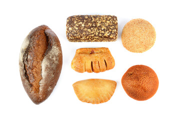 Bread and sweet pastries isolated on white . View from above.