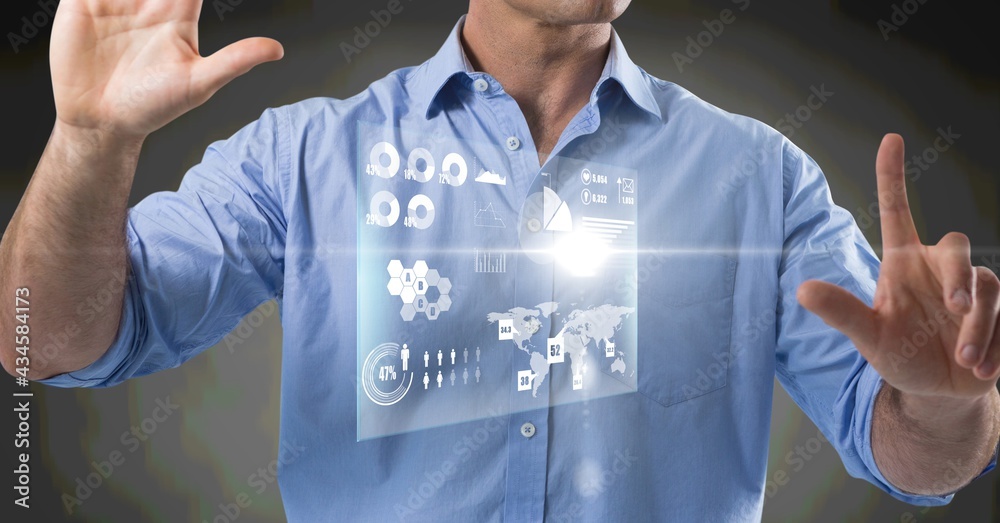 Poster composition of information on screen over midsection of man using virtual interface