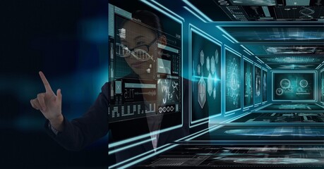 Composition of businesswoman touching interactive screen with medical data processing