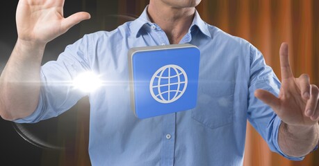 Composition of globe icon on blue tile over midsection of man using virtual interface