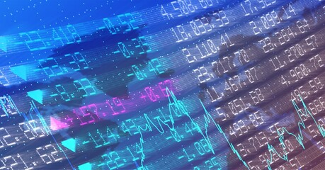 Composition of financial data processing on blue background