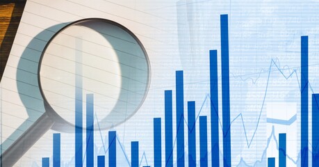 Composition of financial statistics processing and magnifying glass in background