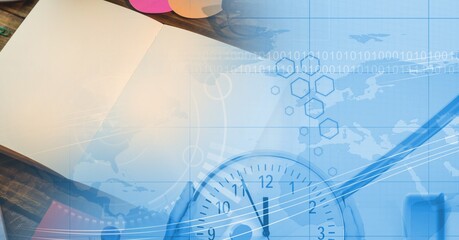 Composition of financial statistics processing, clock and notepad in background