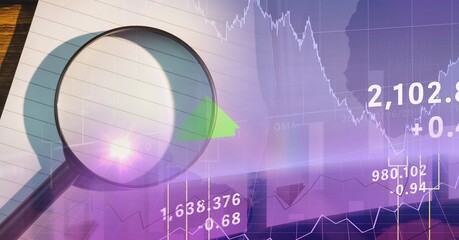 Composition of financial data processing and magnifying glass in background