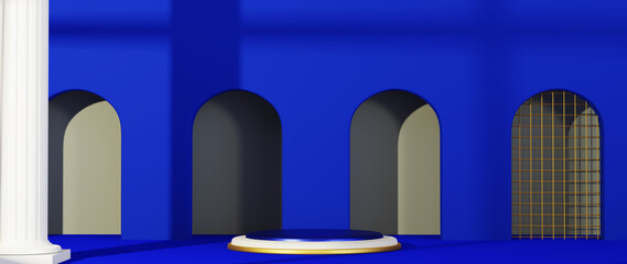 3d render of blue and gold podium. Background with geometric composition, semicircular stand. Modern design.