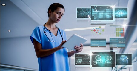 Composition of female doctor using tablet and screens with medical data processing - Powered by Adobe