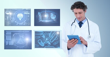 Composition of male doctor using tablet and screens with medical data processing