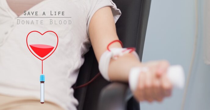 Composition of save a life donate blood text over female donor giving blood